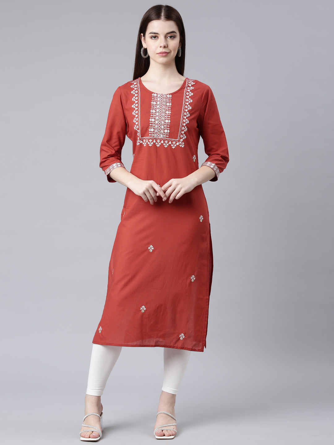 Neerus Orange Straight Casual Floral Straight Kurtas