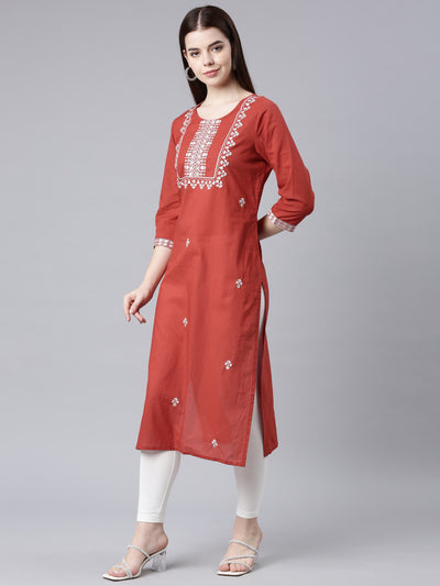 Neerus Orange Straight Casual Floral Straight Kurtas