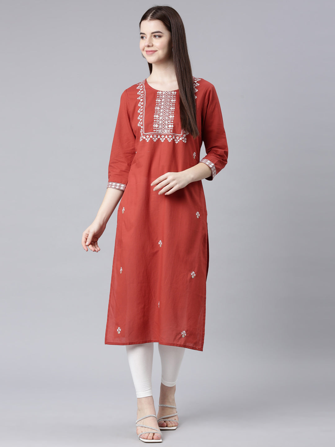 Neerus Orange Straight Casual Floral Straight Kurtas