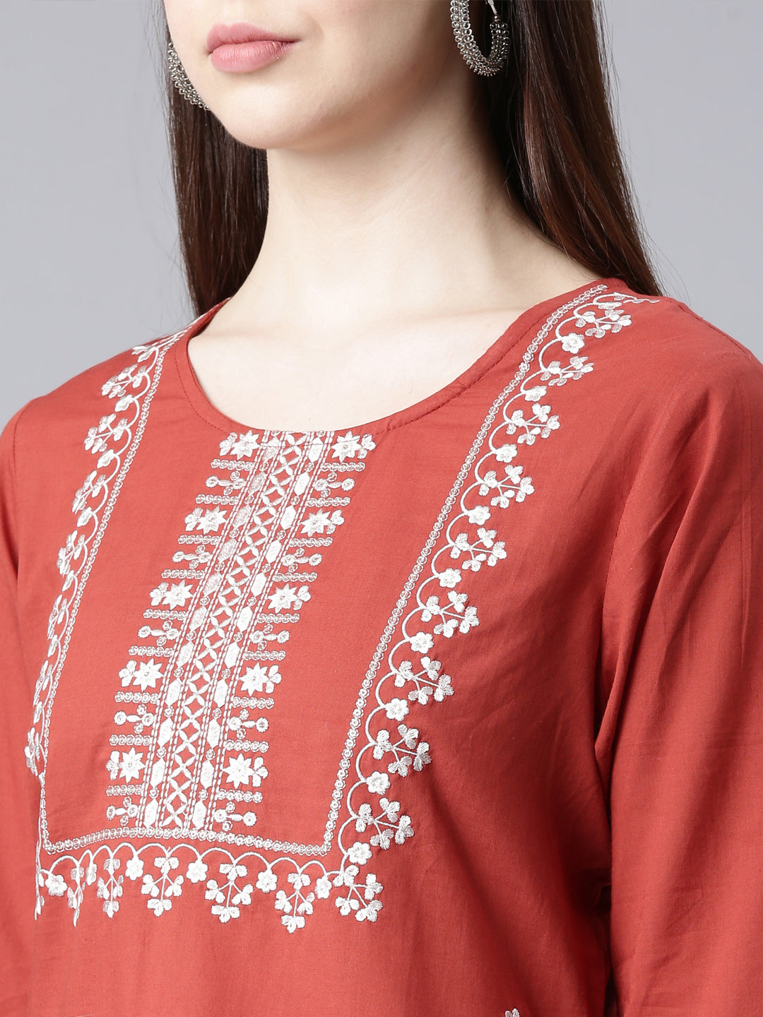 Neerus Orange Straight Casual Floral Straight Kurtas