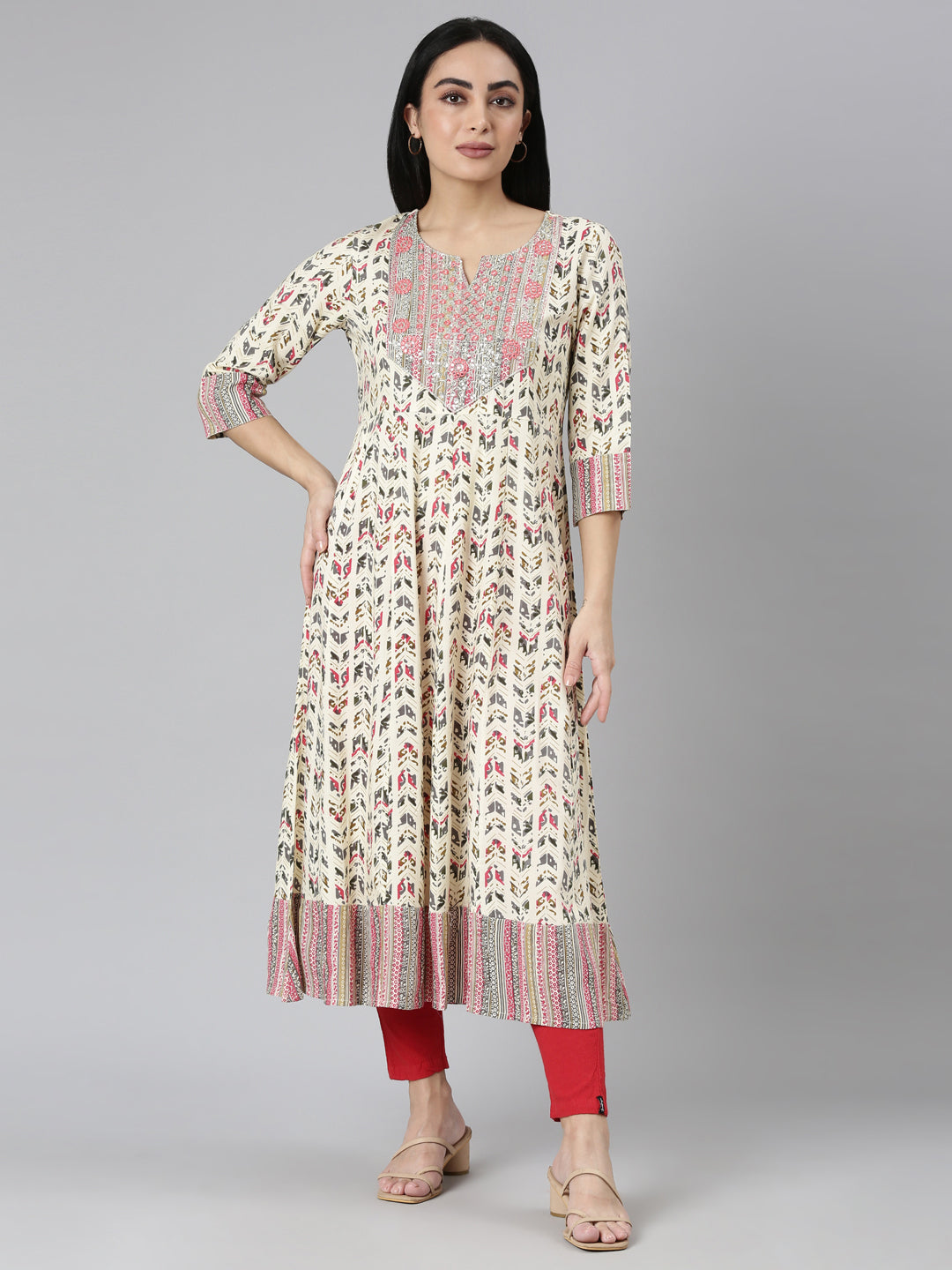 Neerus Pink Flared Casual Floral Anarkali Kurtas