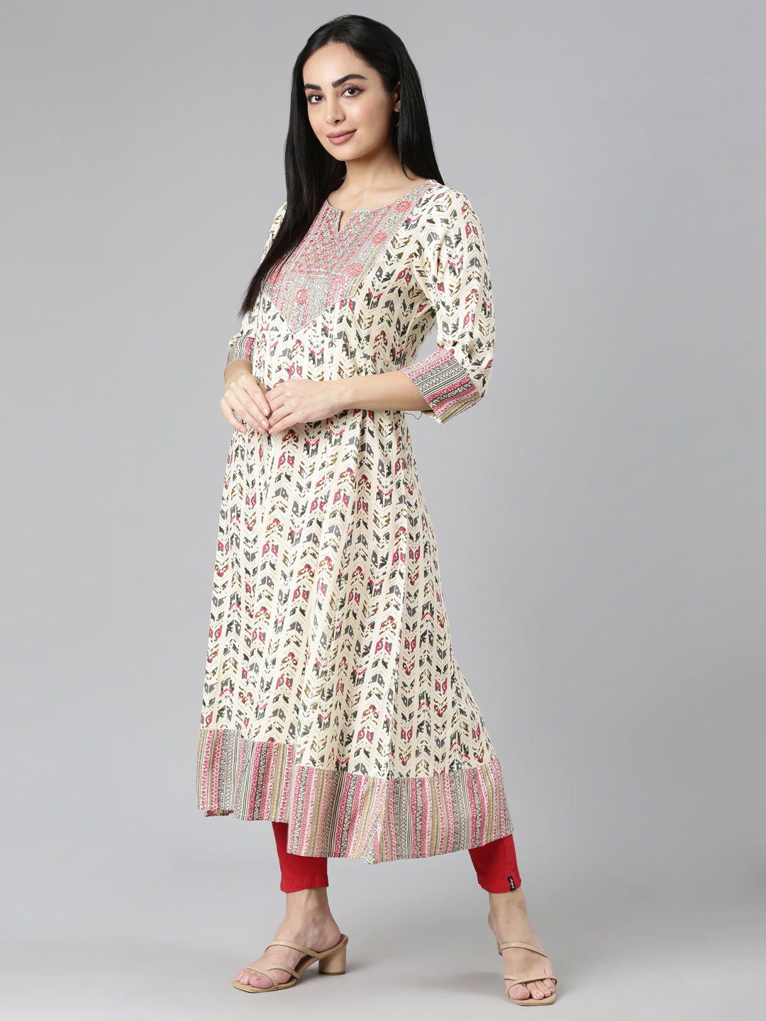 Neerus Pink Flared Casual Floral Anarkali Kurtas