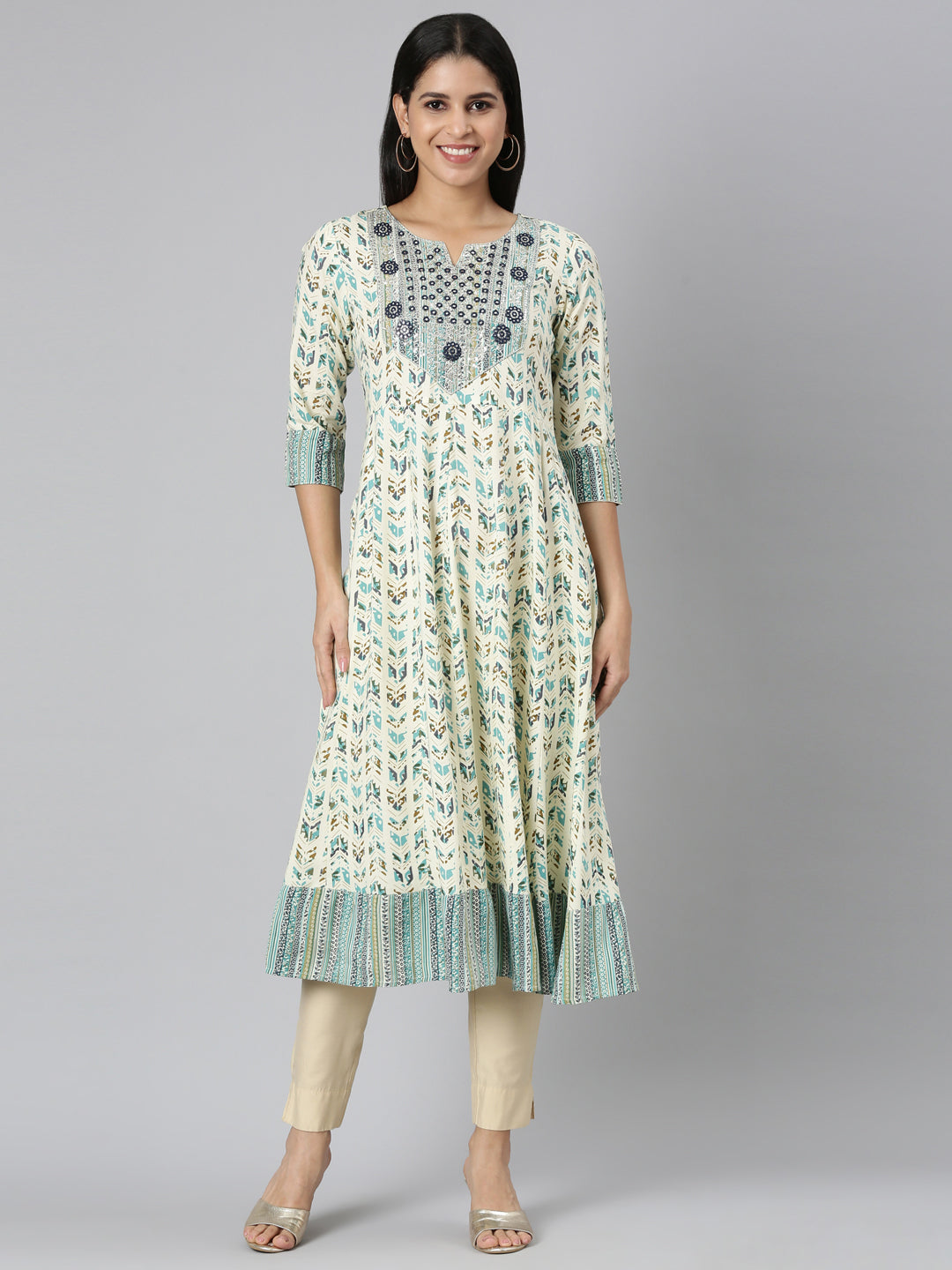 Neerus Sea Green Flared Casual Floral Anarkali Kurtas