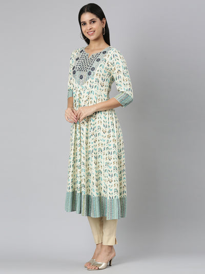 Neerus Sea Green Flared Casual Floral Anarkali Kurtas