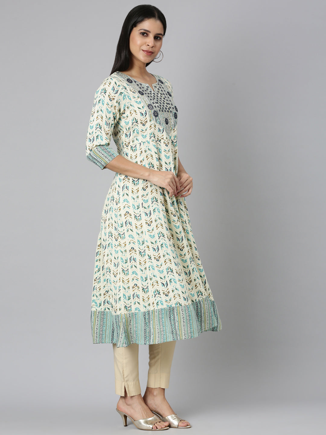 Neerus Sea Green Flared Casual Floral Anarkali Kurtas