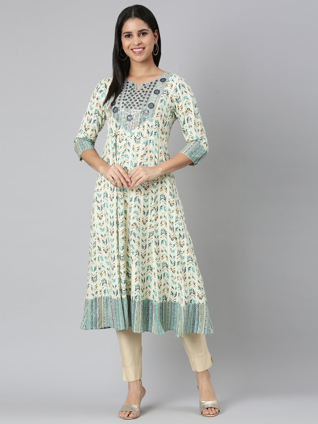 Neerus Sea Green Flared Casual Floral Anarkali Kurtas