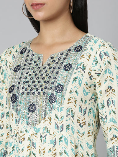 Neerus Sea Green Flared Casual Floral Anarkali Kurtas