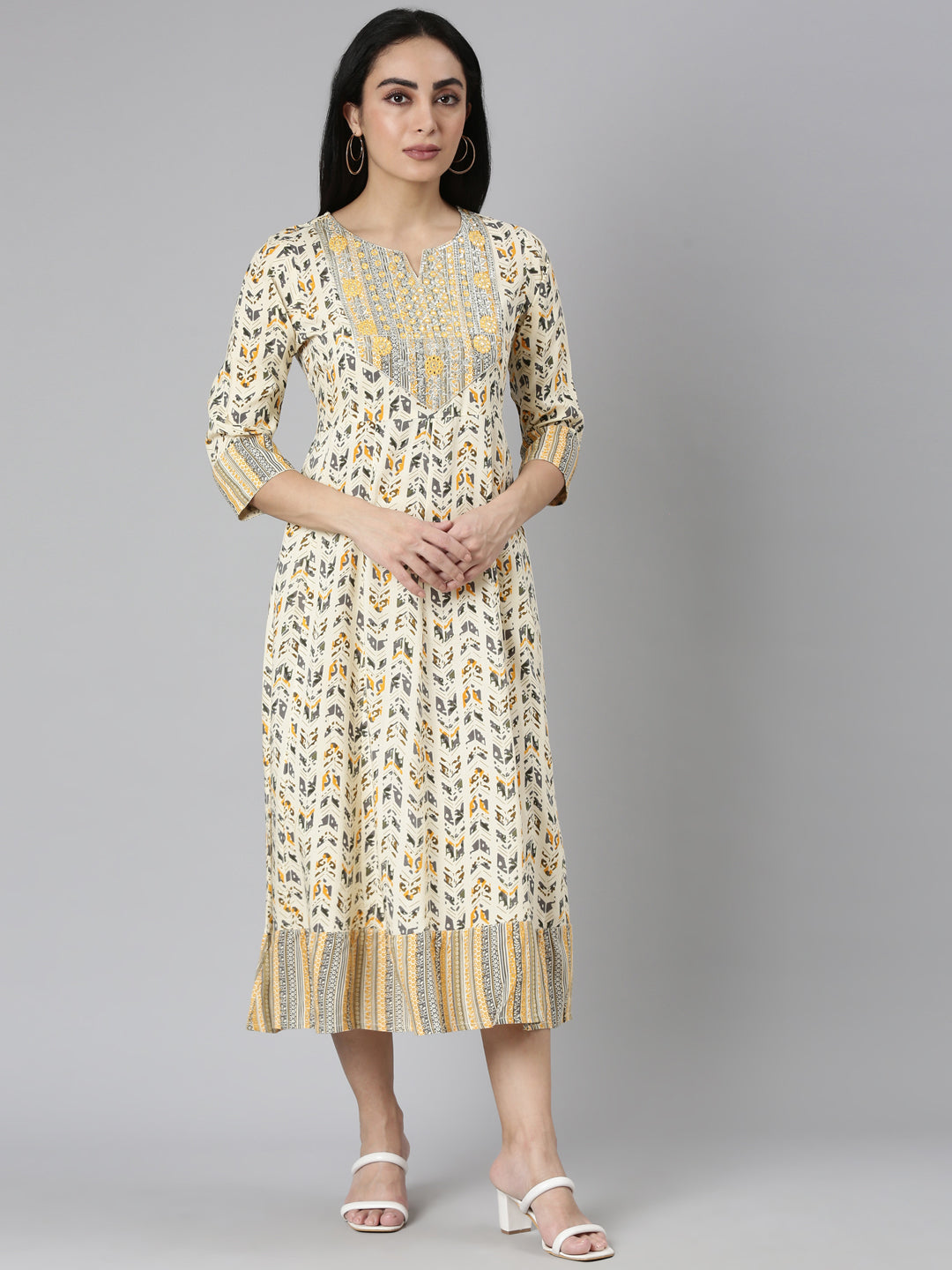 Neerus Yellow Flared Casual Floral Anarkali Kurtas