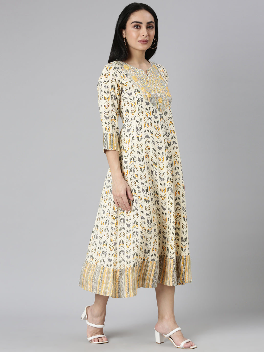 Neerus Yellow Flared Casual Floral Anarkali Kurtas