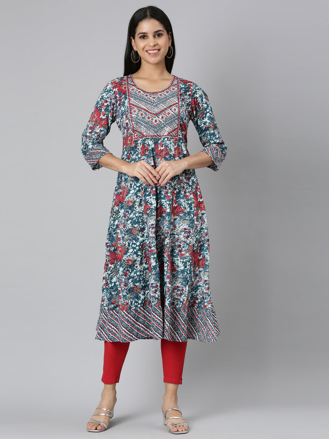 Neerus Green Casual Floral Anarkali Kurtas