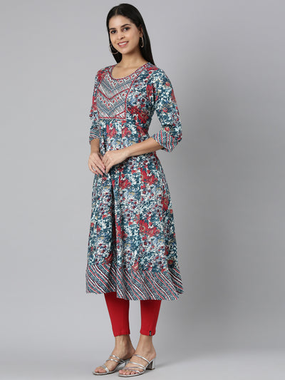 Neerus Green Casual Floral Anarkali Kurtas