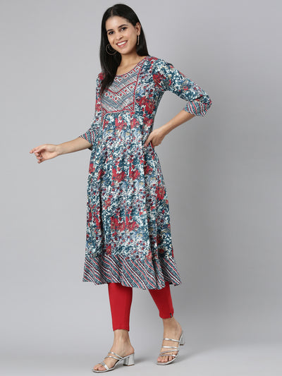 Neerus Green Casual Floral Anarkali Kurtas