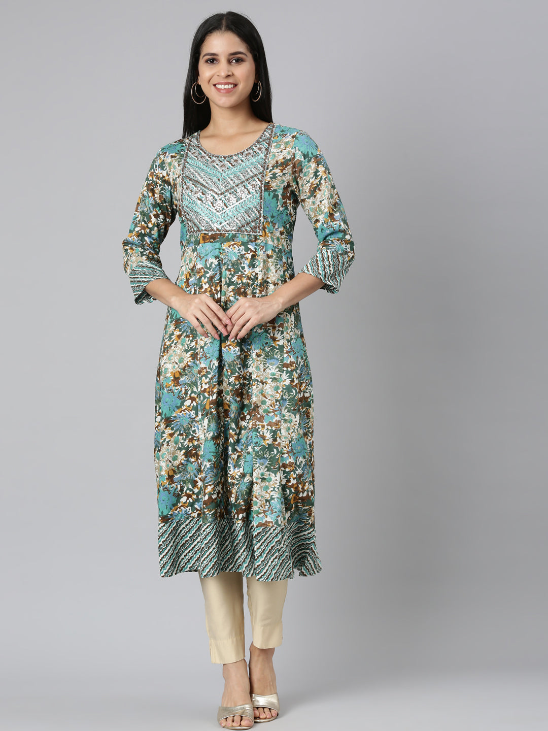 Neerus Sea Green Casual Floral Anarkali Kurtas