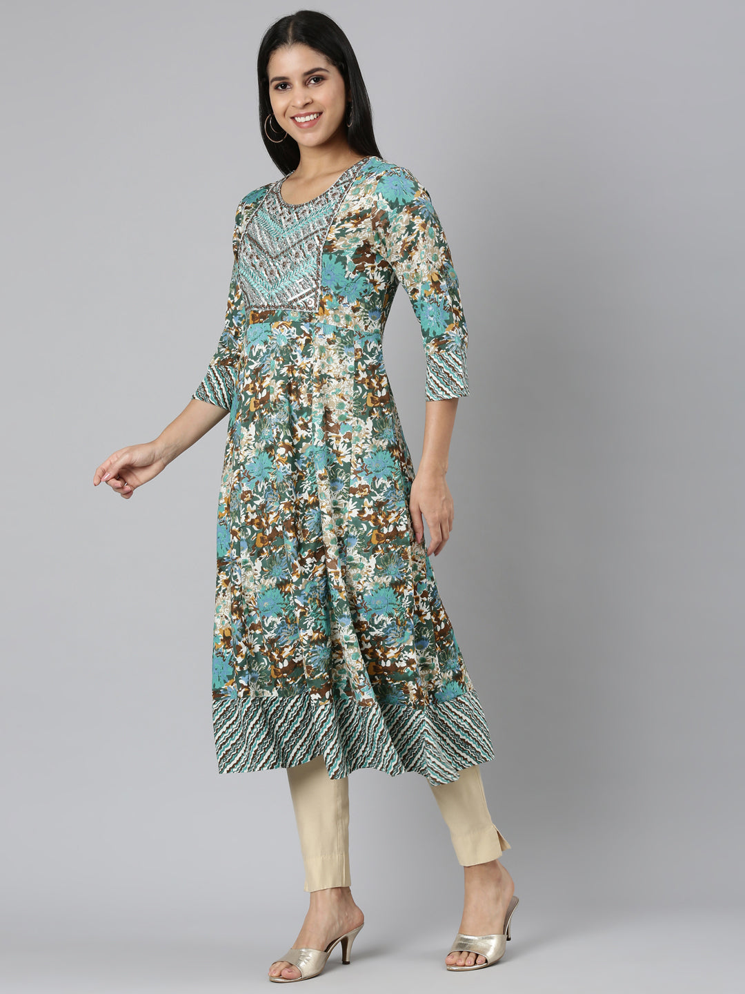 Neerus Sea Green Casual Floral Anarkali Kurtas