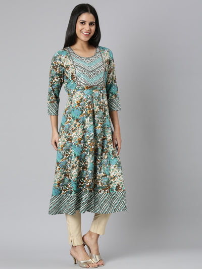 Neerus Sea Green Casual Floral Anarkali Kurtas