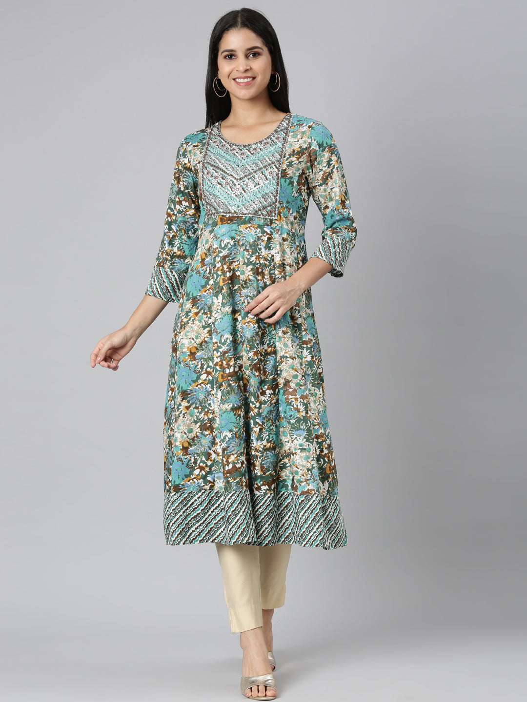 Neerus Sea Green Casual Floral Anarkali Kurtas