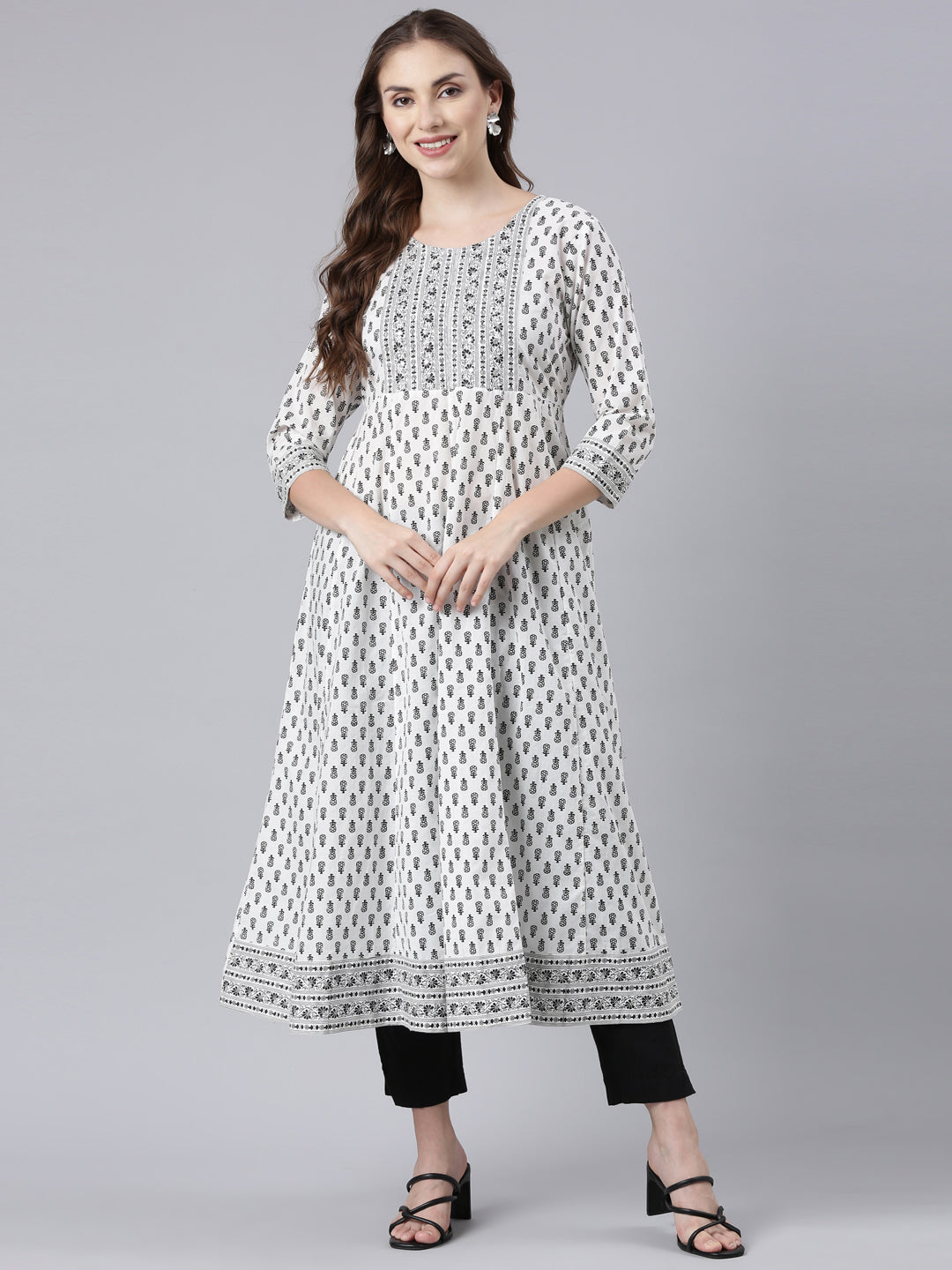 Neerus Black Panelled Anarkali Floral Kurtas