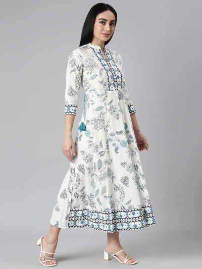 Neerus Blue Straight Casual Floral Maxi Dresses