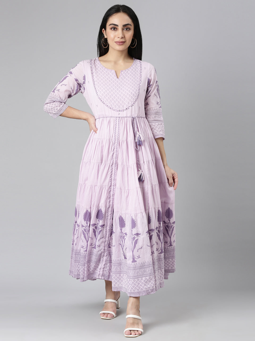 Neerus Purple Flared Casual Floral Maxi Dresses