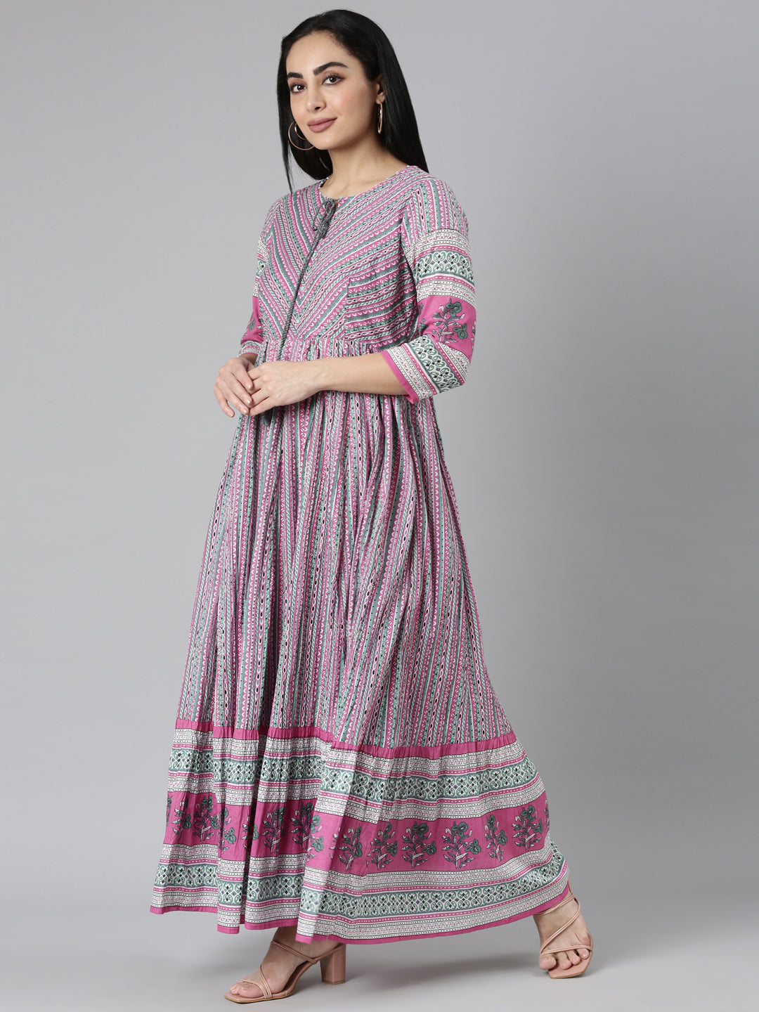 Neerus Pink Curved Casual Ethnic Motifs Maxi Dresses