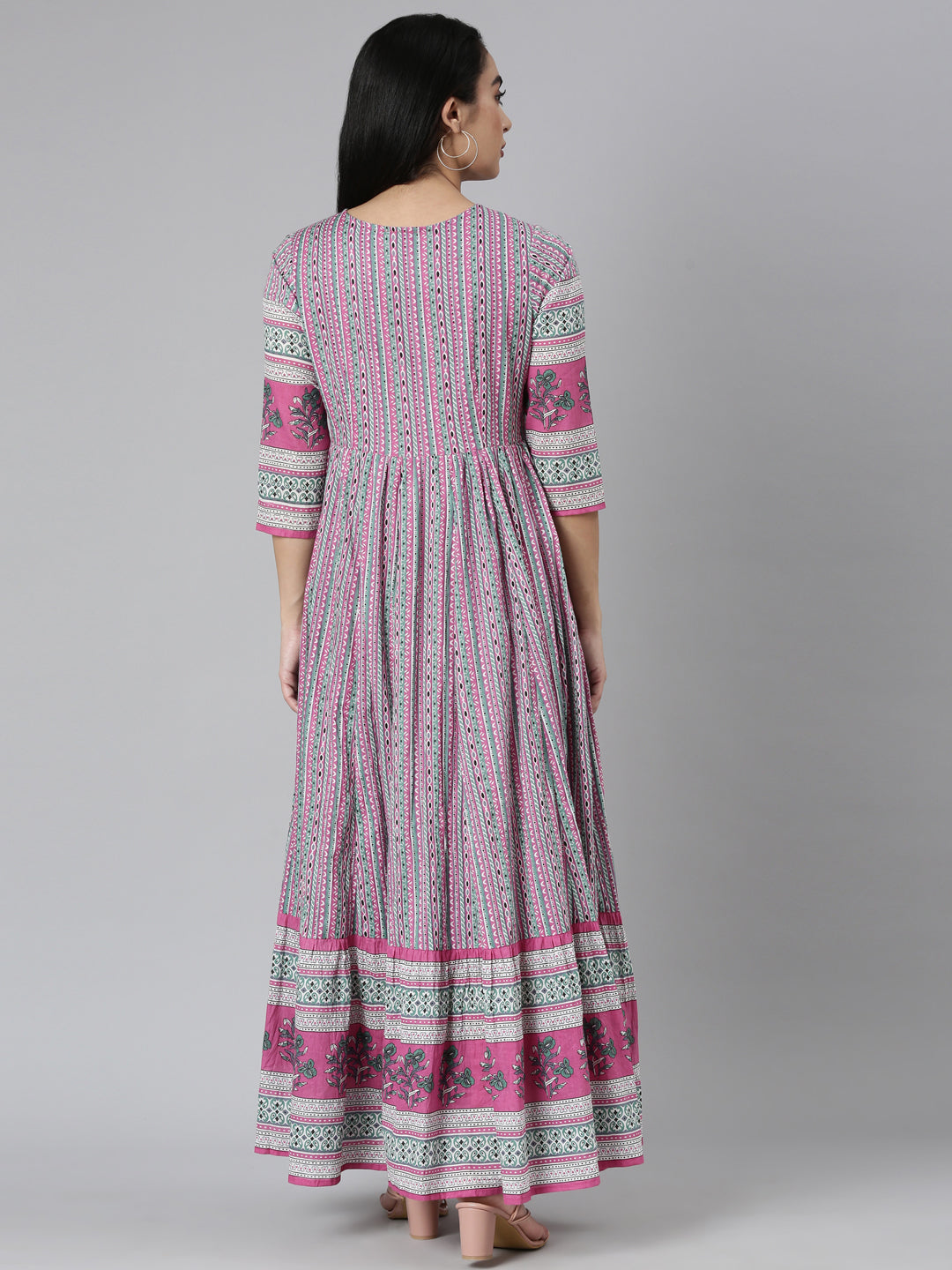 Neerus Pink Curved Casual Ethnic Motifs Maxi Dresses