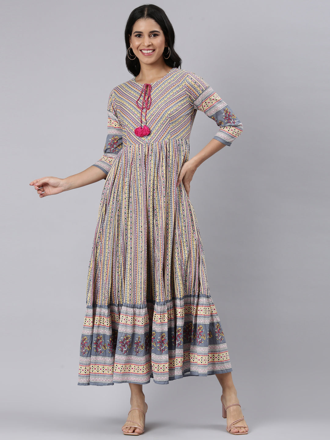 Neerus Yellow Curved Casual Ethnic Motifs Maxi Dresses