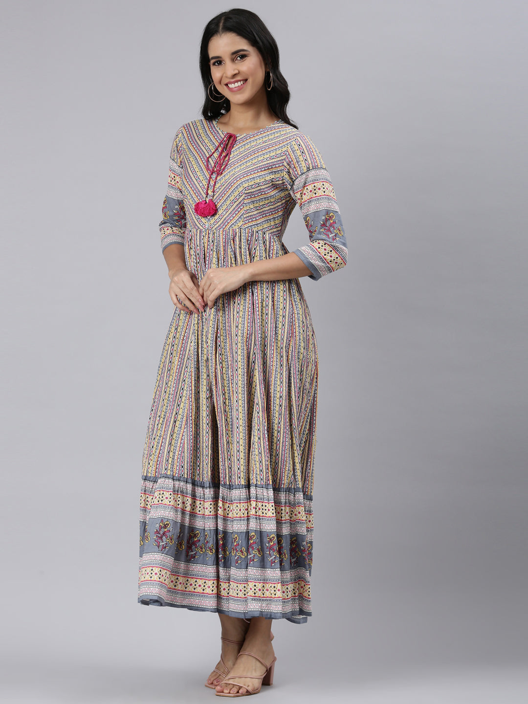 Neerus Yellow Curved Casual Ethnic Motifs Maxi Dresses