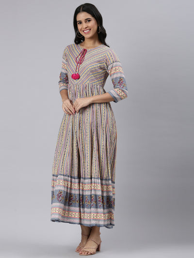 Neerus Yellow Curved Casual Ethnic Motifs Maxi Dresses