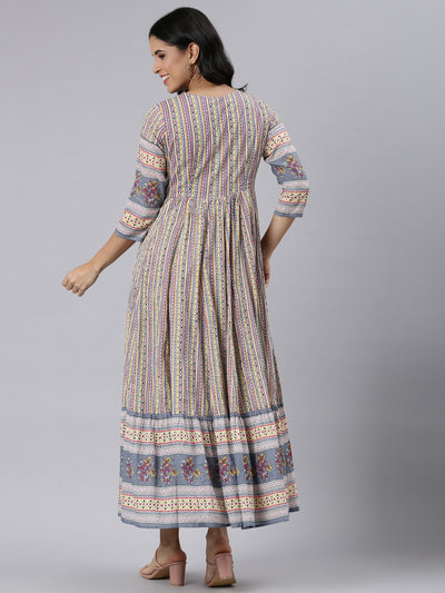 Neerus Yellow Curved Casual Ethnic Motifs Maxi Dresses