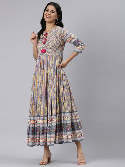 Neerus Yellow Curved Casual Ethnic Motifs Maxi Dresses