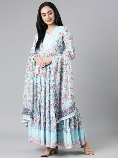 Neerus Blue Curved Casual Floral Maxi Dresses