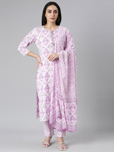 Neerus Purple Regular Straight Printed Kurta and Trousers With Dupatta