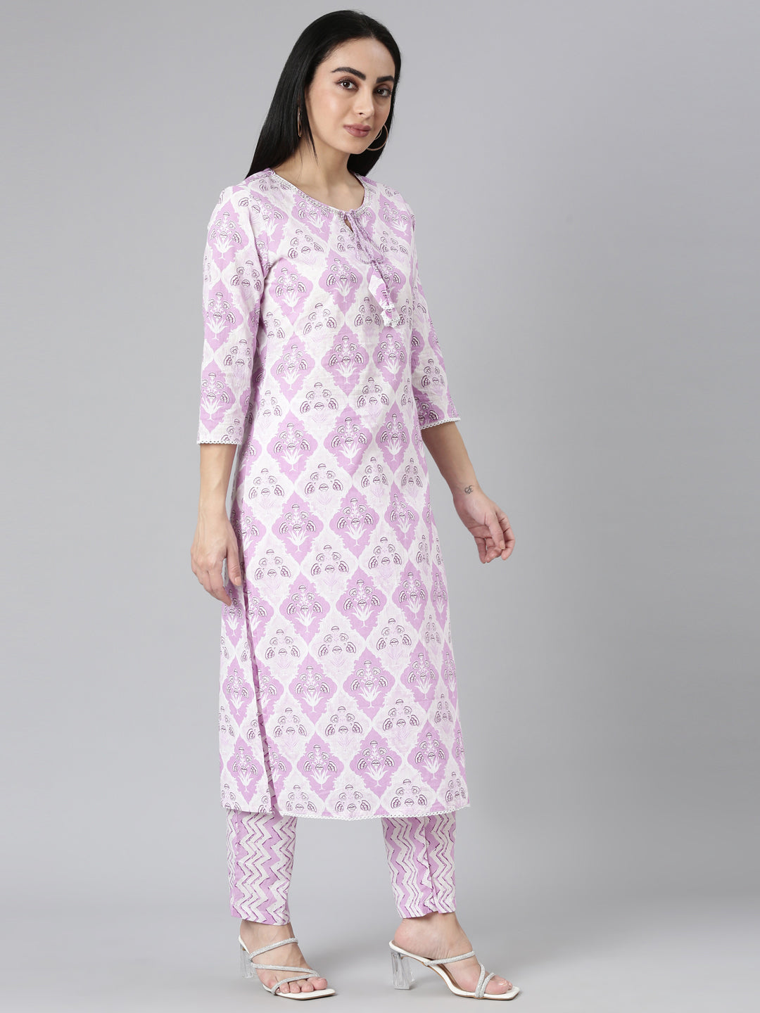 Neerus Purple Regular Straight Printed Kurta and Trousers With Dupatta