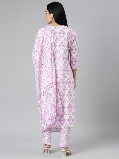 Neerus Purple Regular Straight Printed Kurta and Trousers With Dupatta