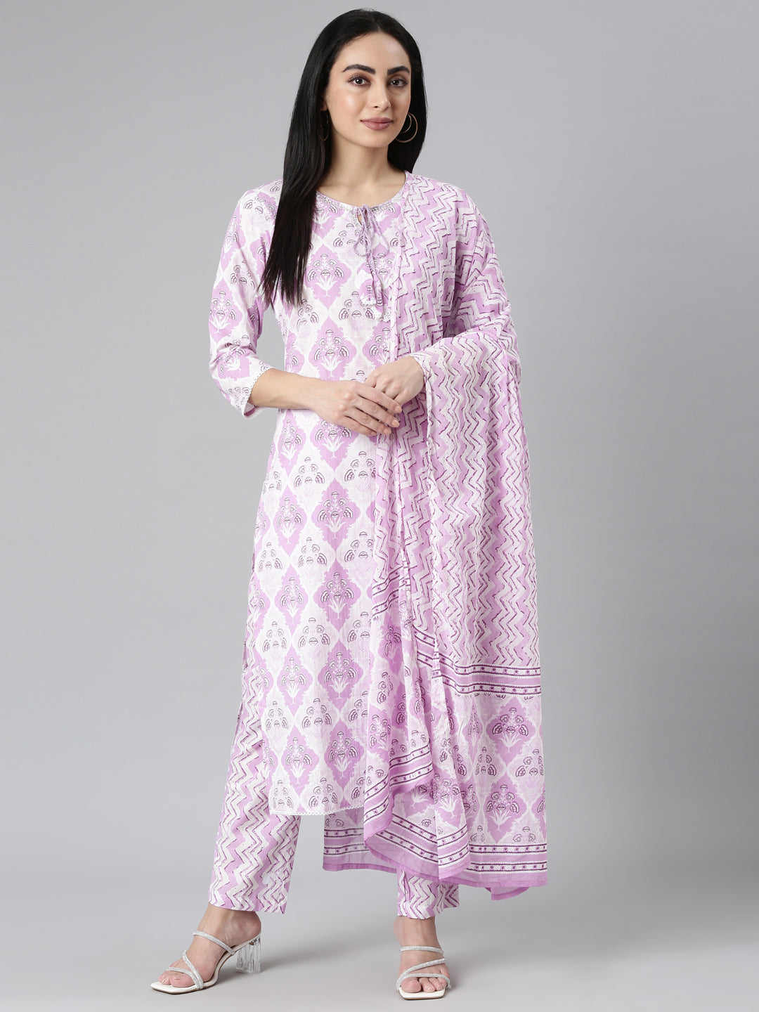 Neerus Purple Regular Straight Printed Kurta and Trousers With Dupatta