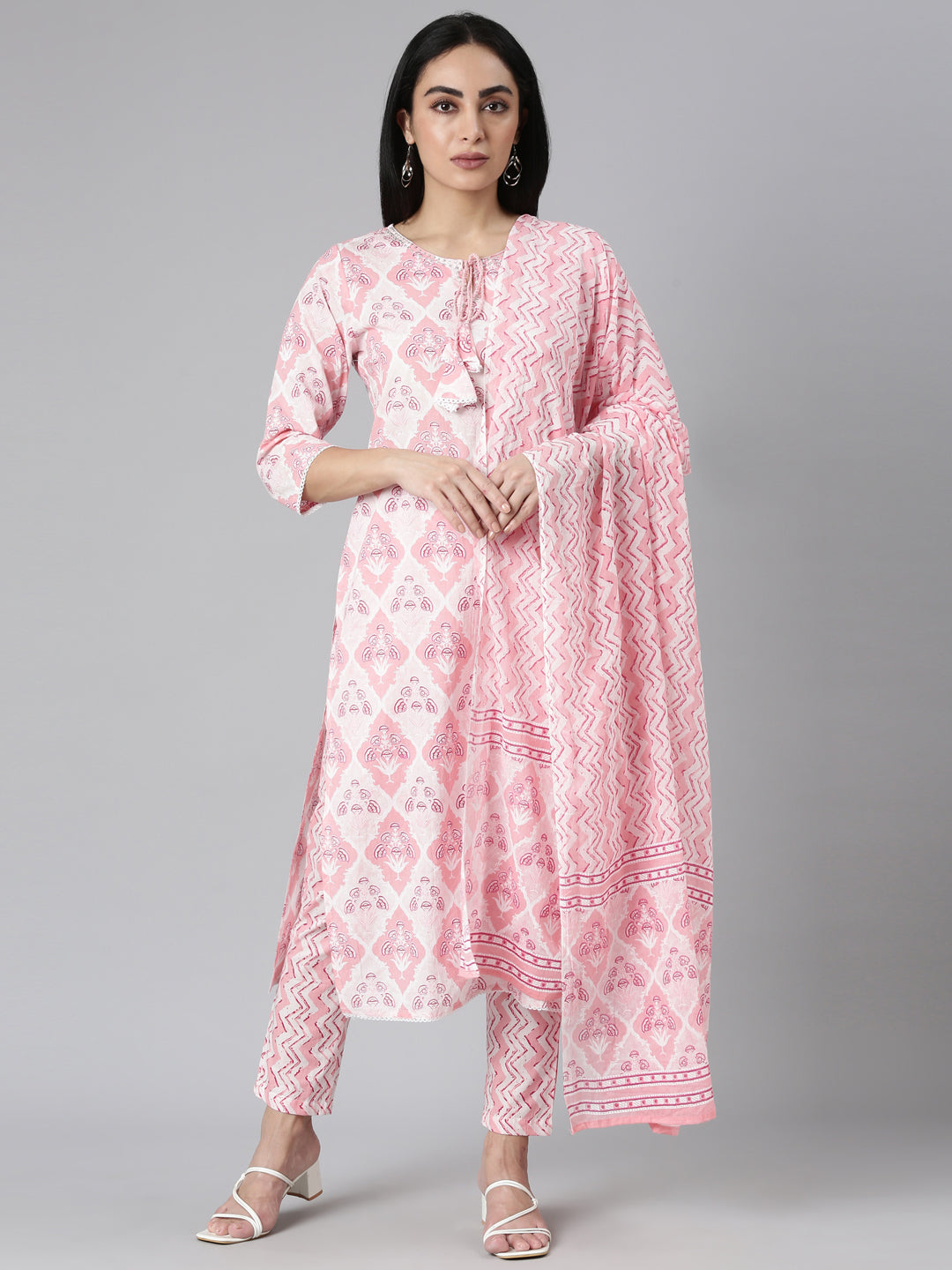 Neerus Pink Regular Straight Printed Kurta and Trousers With Dupatta