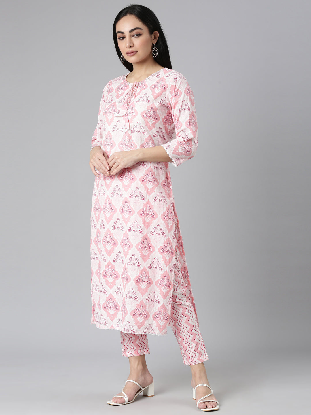 Neerus Pink Regular Straight Printed Kurta and Trousers With Dupatta