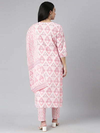 Neerus Pink Regular Straight Printed Kurta and Trousers With Dupatta