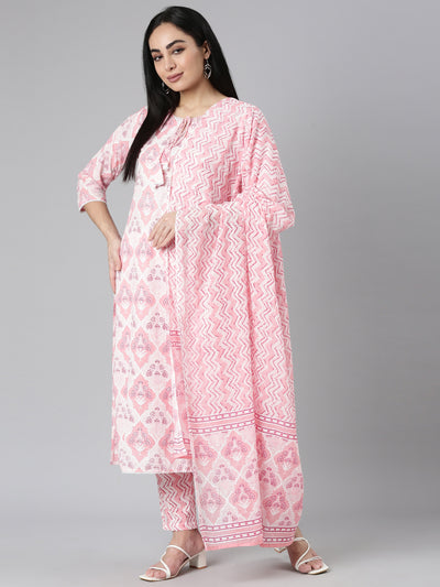 Neerus Pink Regular Straight Printed Kurta and Trousers With Dupatta