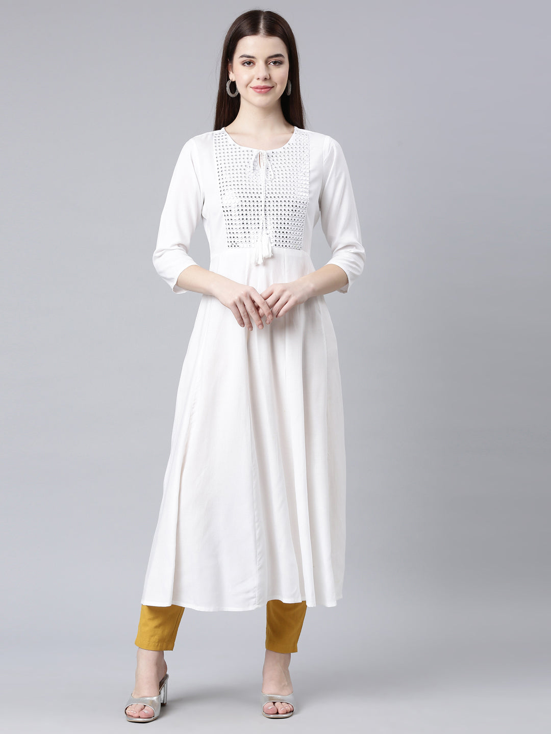 Neerus Off White Straight Casual Solid Anarkali Kurtas