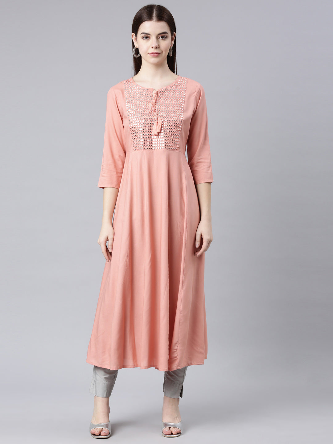 Neerus Peach Straight Casual Solid Anarkali Kurtas