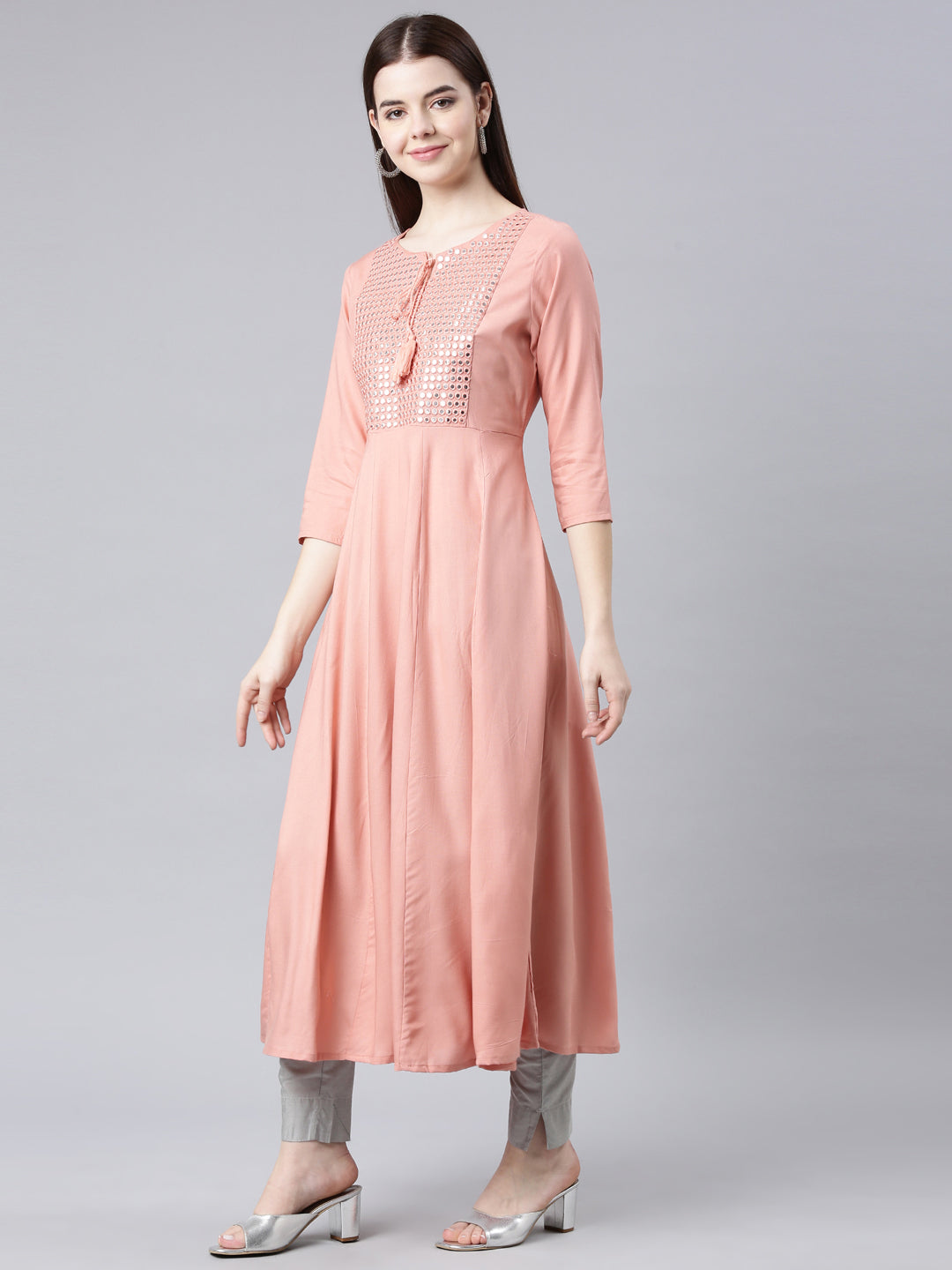 Neerus Peach Straight Casual Solid Anarkali Kurtas