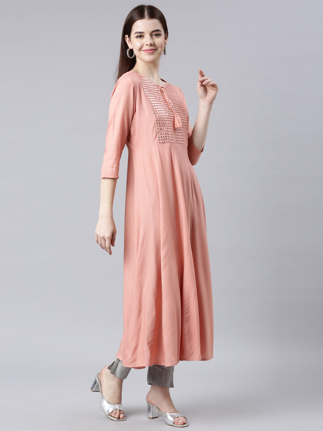 Neerus Peach Straight Casual Solid Anarkali Kurtas