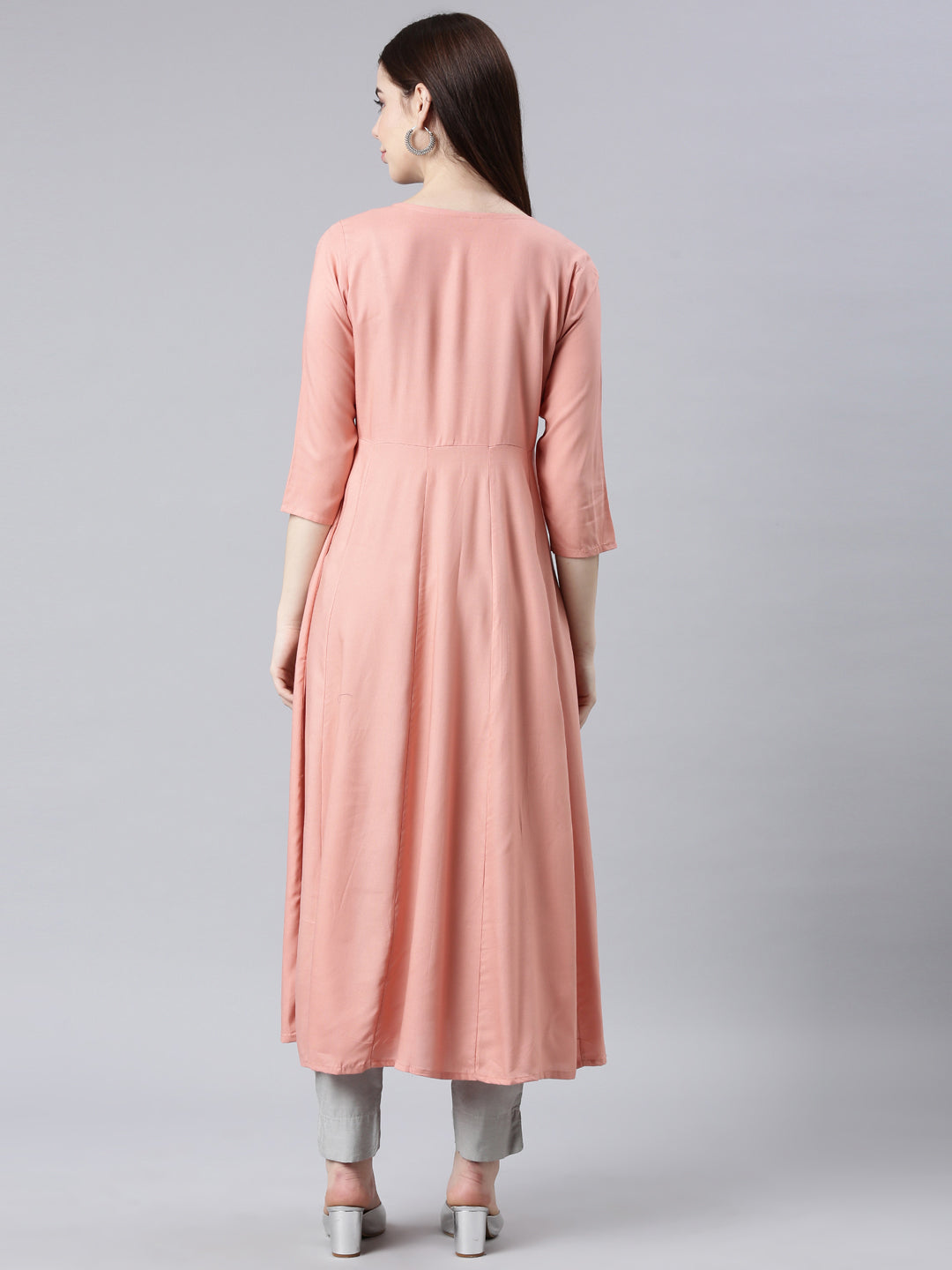 Neerus Peach Straight Casual Solid Anarkali Kurtas