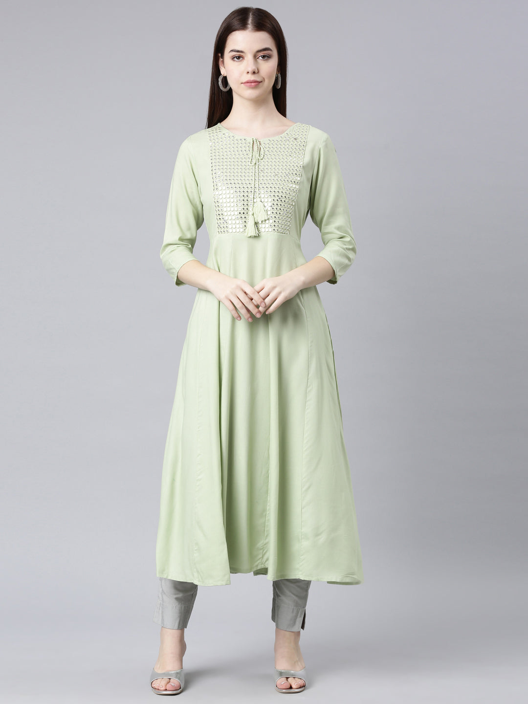 Neerus Green Straight Casual Solid Anarkali Kurtas