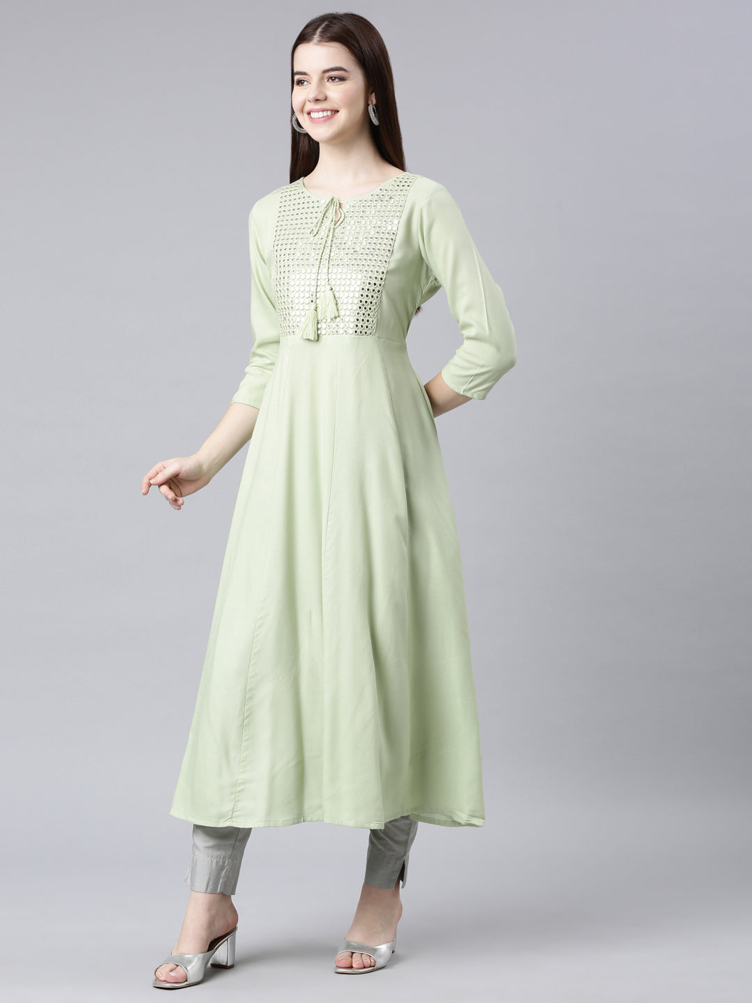 Neerus Green Straight Casual Solid Anarkali Kurtas