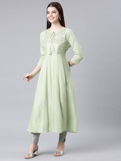 Neerus Green Straight Casual Solid Anarkali Kurtas