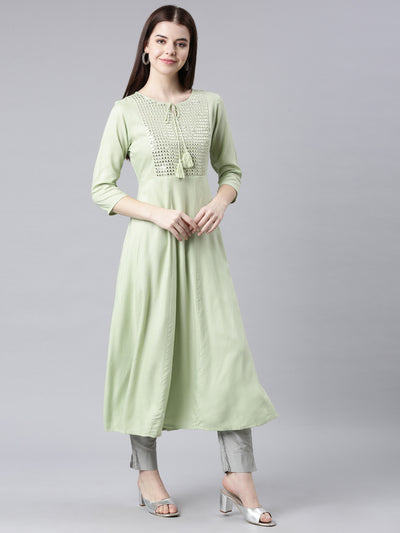 Neerus Green Straight Casual Solid Anarkali Kurtas