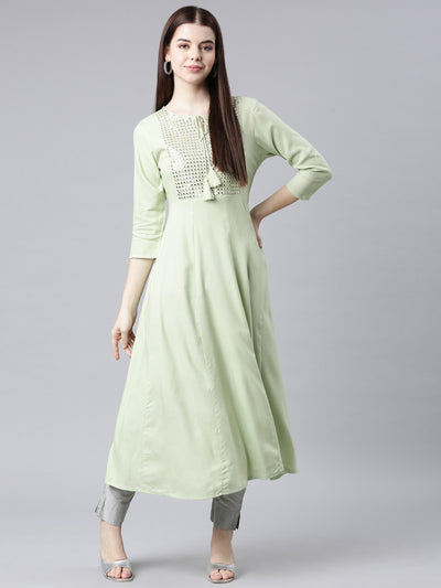 Neerus Green Straight Casual Solid Anarkali Kurtas