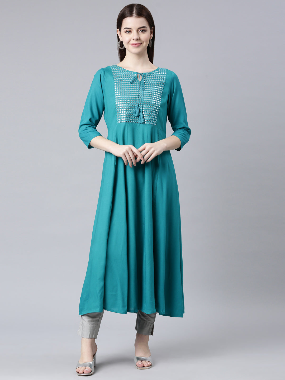 Neerus Green Straight Casual Solid Anarkali Kurtas